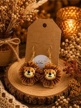 Lion Pom Pom Dangle Earrings Brown Gold